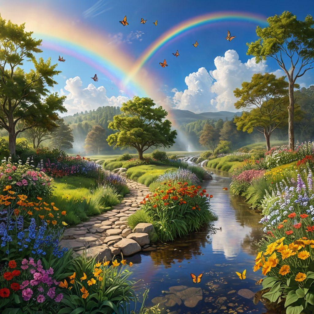 A bright, sunny landscape filled with colorful flowers and lush greenery, with a diverse group of people laughing and sharing joyful moments. In the background, a large rainbow arches over a gentle stream, symbolizing happiness and positivity. Whimsical clouds float above, adding a playful touch to the scene. Include elements of nature, like butterflies and birds, representing freedom and cheerfulness. vibrant colors. super-realistic.