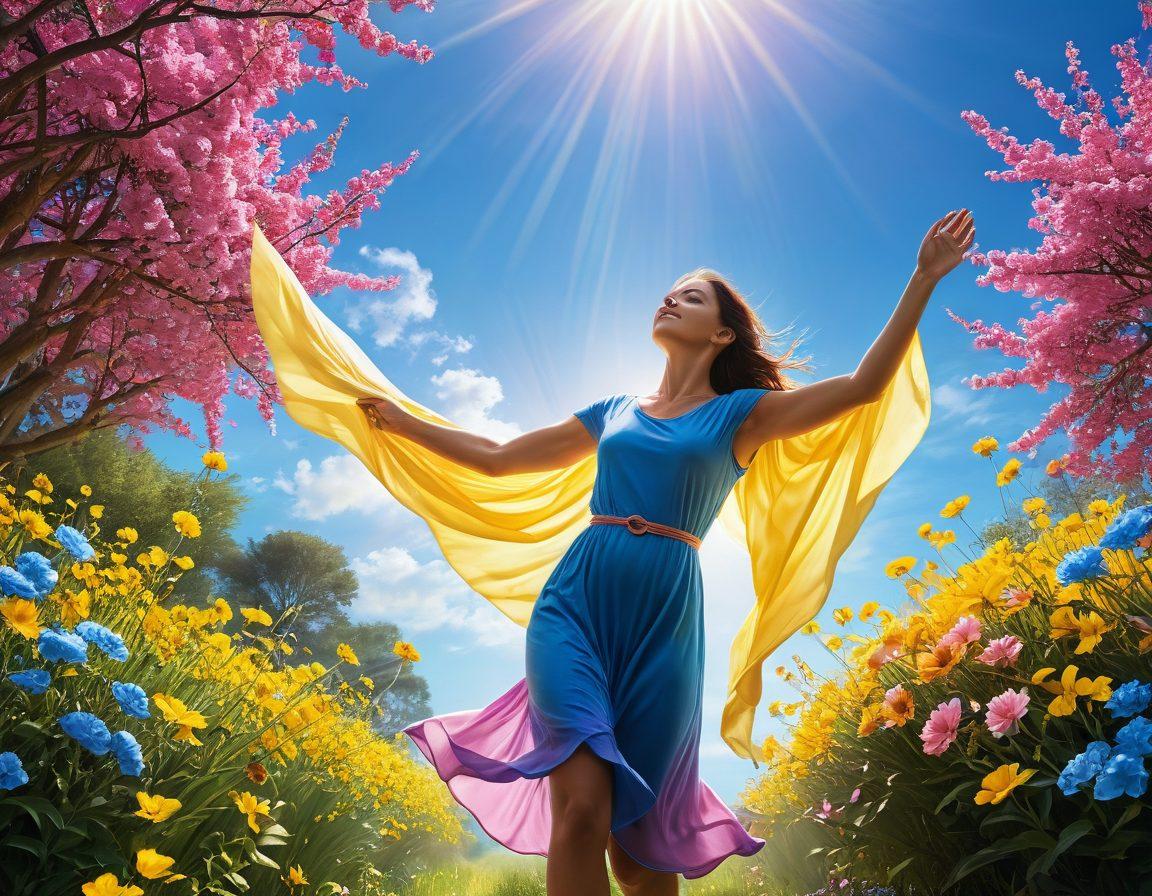 A vibrant scene depicting a person shedding chains of apathy, with radiant beams of sunlight shining down, symbolizing transformation. Surround them with swirling colors of happiness and joy, while they are reaching towards blooming flowers representing gleeful satisfaction. The background features a bright sky and lively landscapes, creating an uplifting atmosphere. super-realistic. vibrant colors. soft focus.