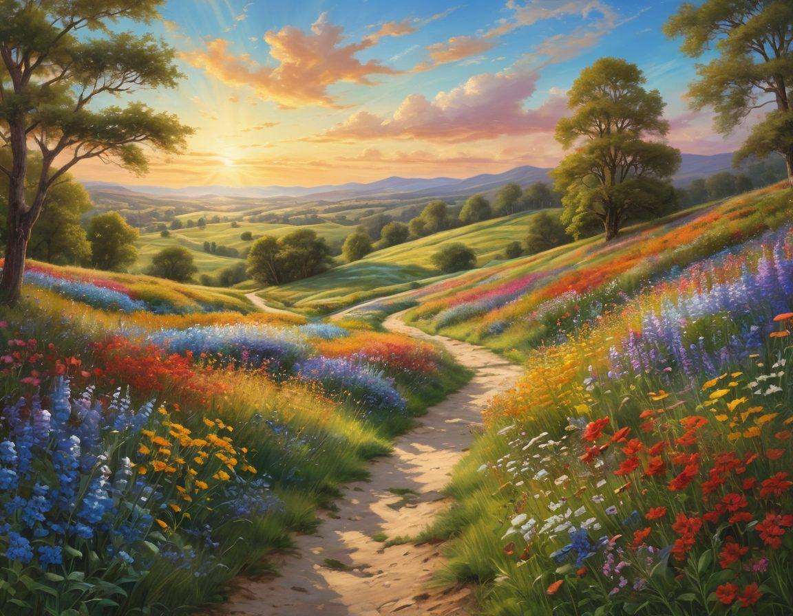 A serene landscape showing a winding path through a vibrant meadow, dotted with colorful wildflowers under a radiant blue sky. In the foreground, a joyful person is energetically walking, arms raised in celebration, symbolizing the pursuit of passion and bliss. Soft sunlight filters through the trees, creating a warm, inviting atmosphere. The background features rolling hills and a distant sun setting, enhancing the sense of peace and fulfillment. super-realistic. vibrant colors. natural landscape.